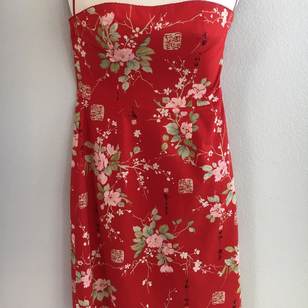 Vintage Y2K Helen Wang Semiformal Strapless Red Floral Shift Dress in Size 8 FUC